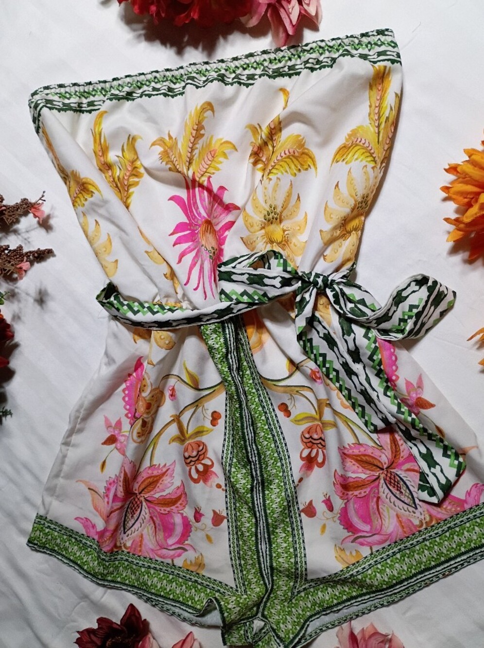 NWOT White Floral Print Jumpsuit with Green Trim
